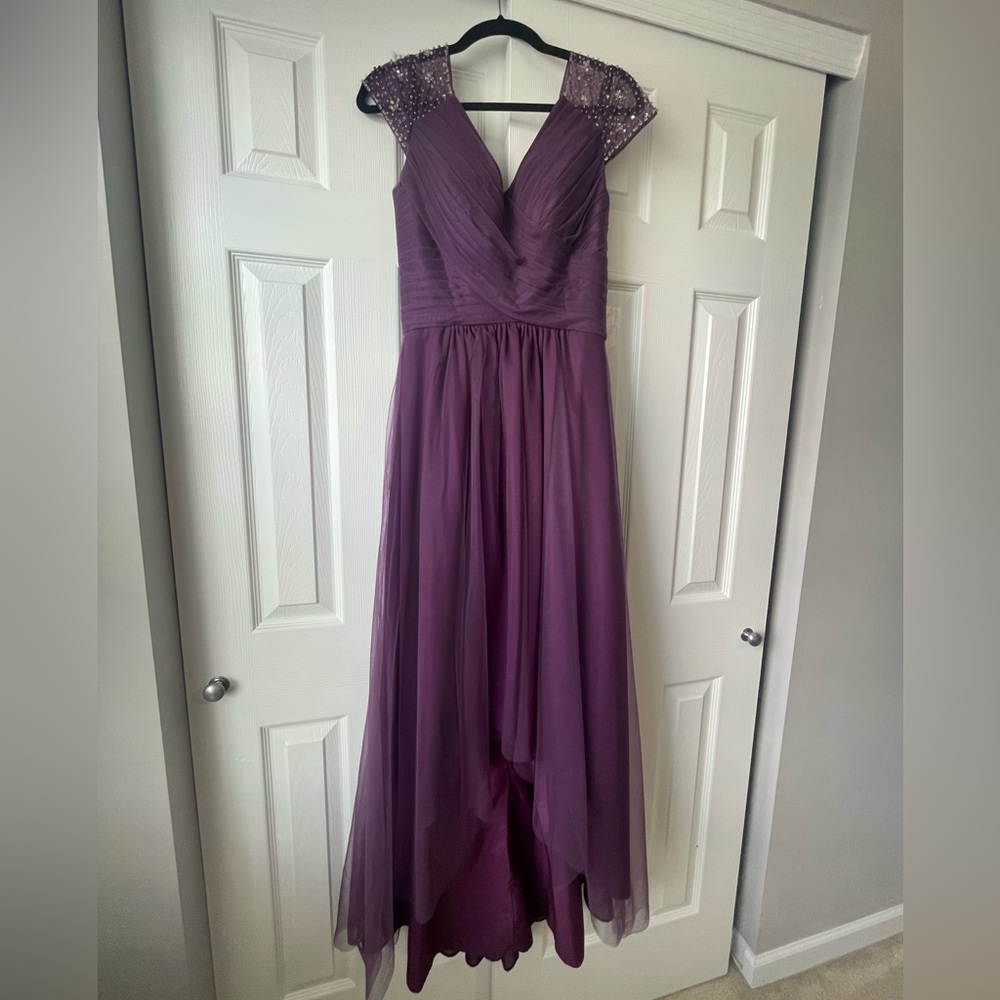 Burgundy high-low bridesmaids dress